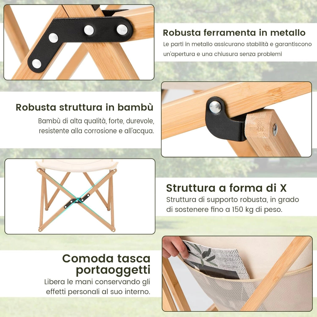 Set di 2 Sedie da Campeggio a Farfalla Pieghevole, con Borsa per il Trasporto, Sedia da Giardino in Bambù con Tasca Portaoggetti, Capacità di 150 KG, per Campeggio Pesca Picnic (Beige)