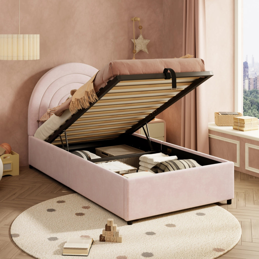 Letto per bambini imbottito 90x200cm con testiera e listelli di legno rosa