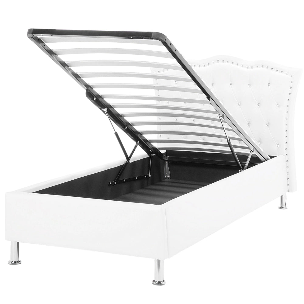 Letto singolo in ecopelle bianca con struttura imbottita da 90 x 200 cm con rifiniture per la testa dei chiodi contenitore