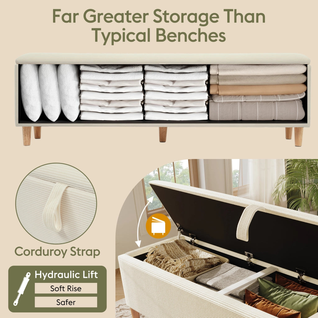 Panca Fondo Letto con Vano Contenitore Idraulico; Panca Imbottita Multifunzionale in Velluto a Coste; Beige; 175 cm