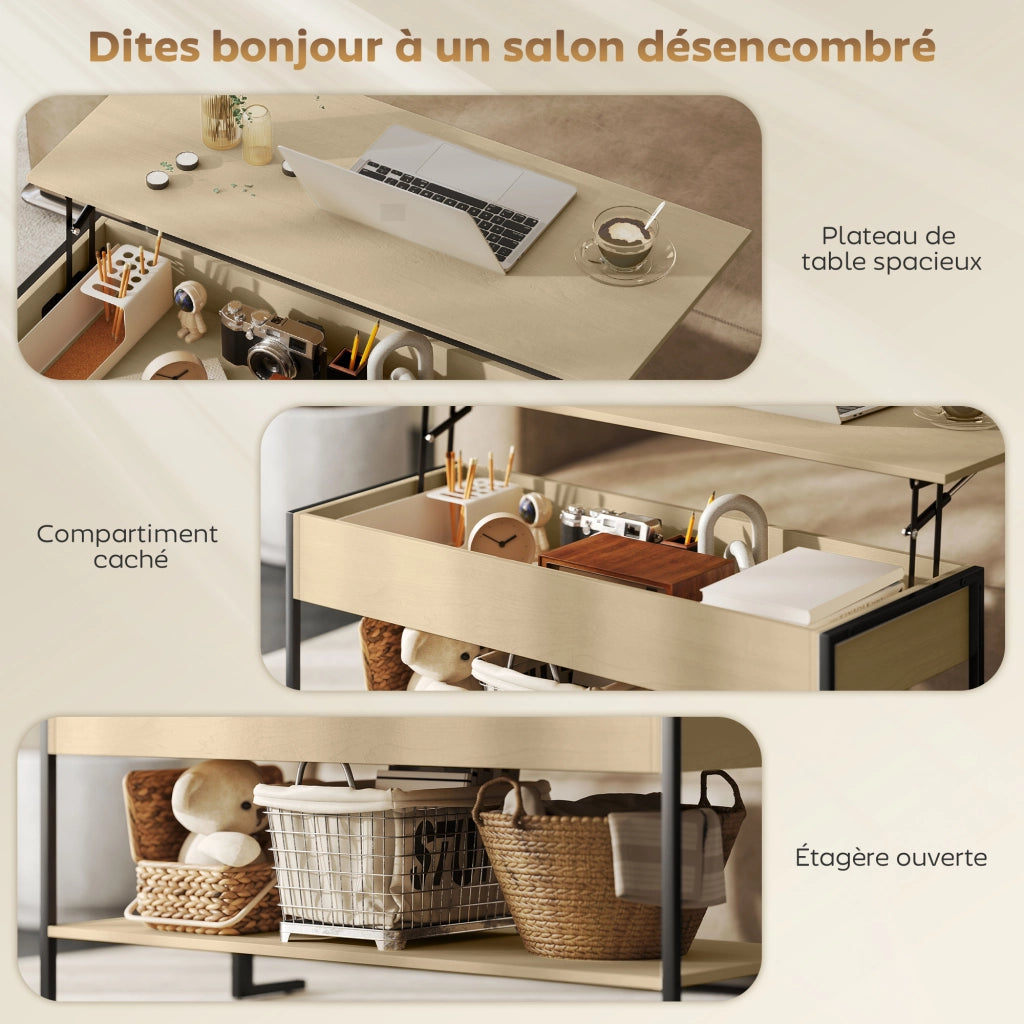 Tavolino da caff¨¨ con piano alzabile ¨C Xylo ¨C legno naturale con vano e ripiano 95x40x59cm