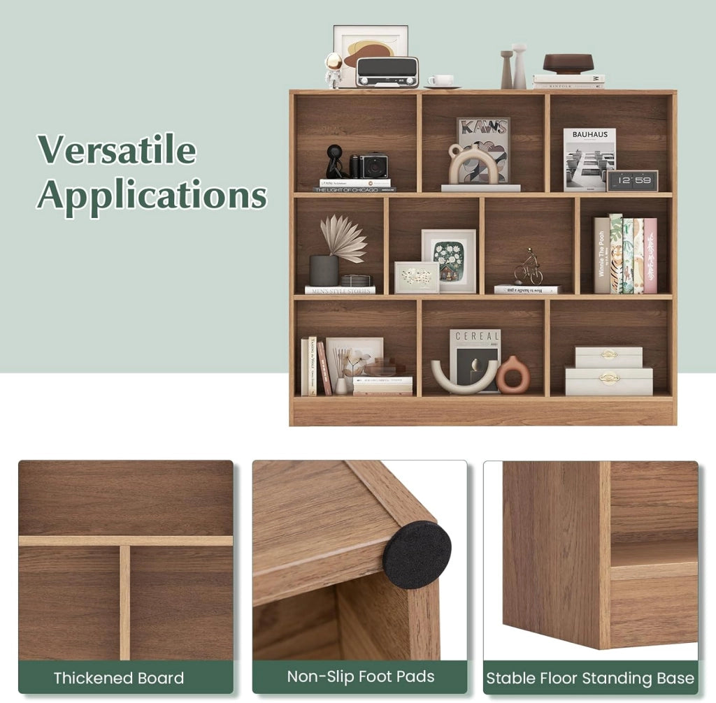 Libreria Aperta con 10 Scomparti, Libreria a 3 Livelli con Dispositivo Antiribaltamento, Mobile di Stoccaggio, Scaffale per Soggiorno, Ufficio (Naturale, 120 x 24 x 104 cm)