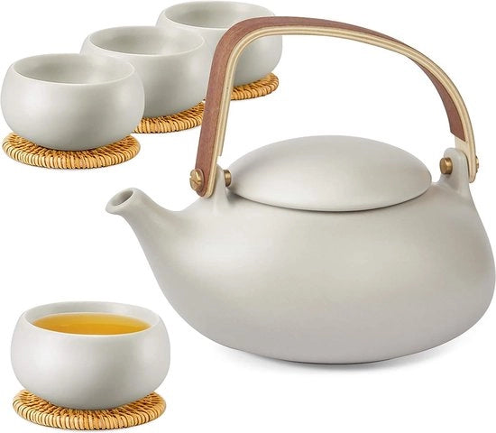 Set di teiera in ceramica, servizio giapponese con setaccio per tè libero, teiera in ceramica cinese 800 ml con 4 tazze 130 ml, maniglia in legno di betulla e sottopiede in rattan, grigio.