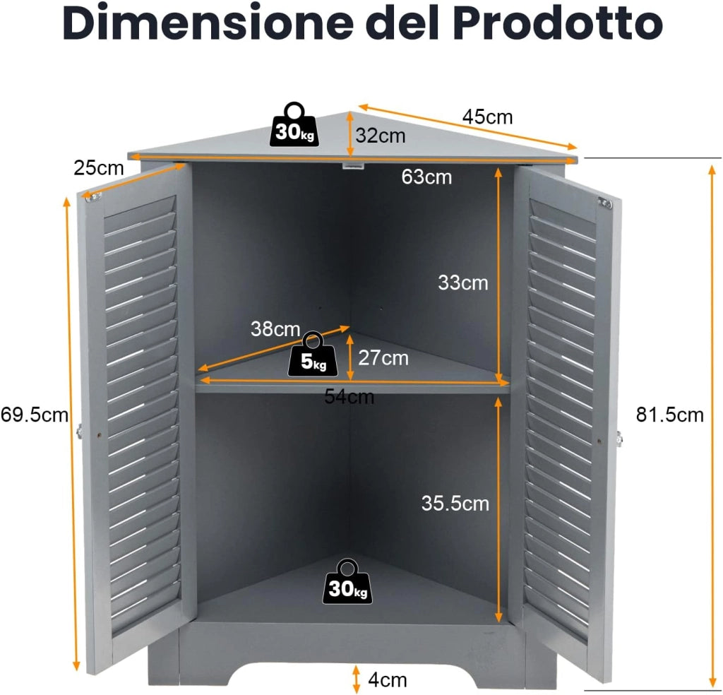 Mobile Angolare, Armadietto ad Angolo con 3 Livelli Ripiani, con 2 Ante e Ripiano Regolabile in Altezza, per Bagno, Ingresso, Soggiorno, Camera da Letto (Grigio)