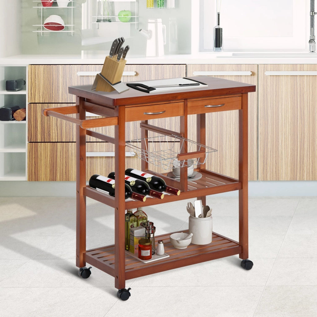 Carrello da Cucina con Portabottiglie, 2 Cassetti, 2 Ripiani ¨C zephmum ¨C Legno di Pino, 84.5x37.2x85cm