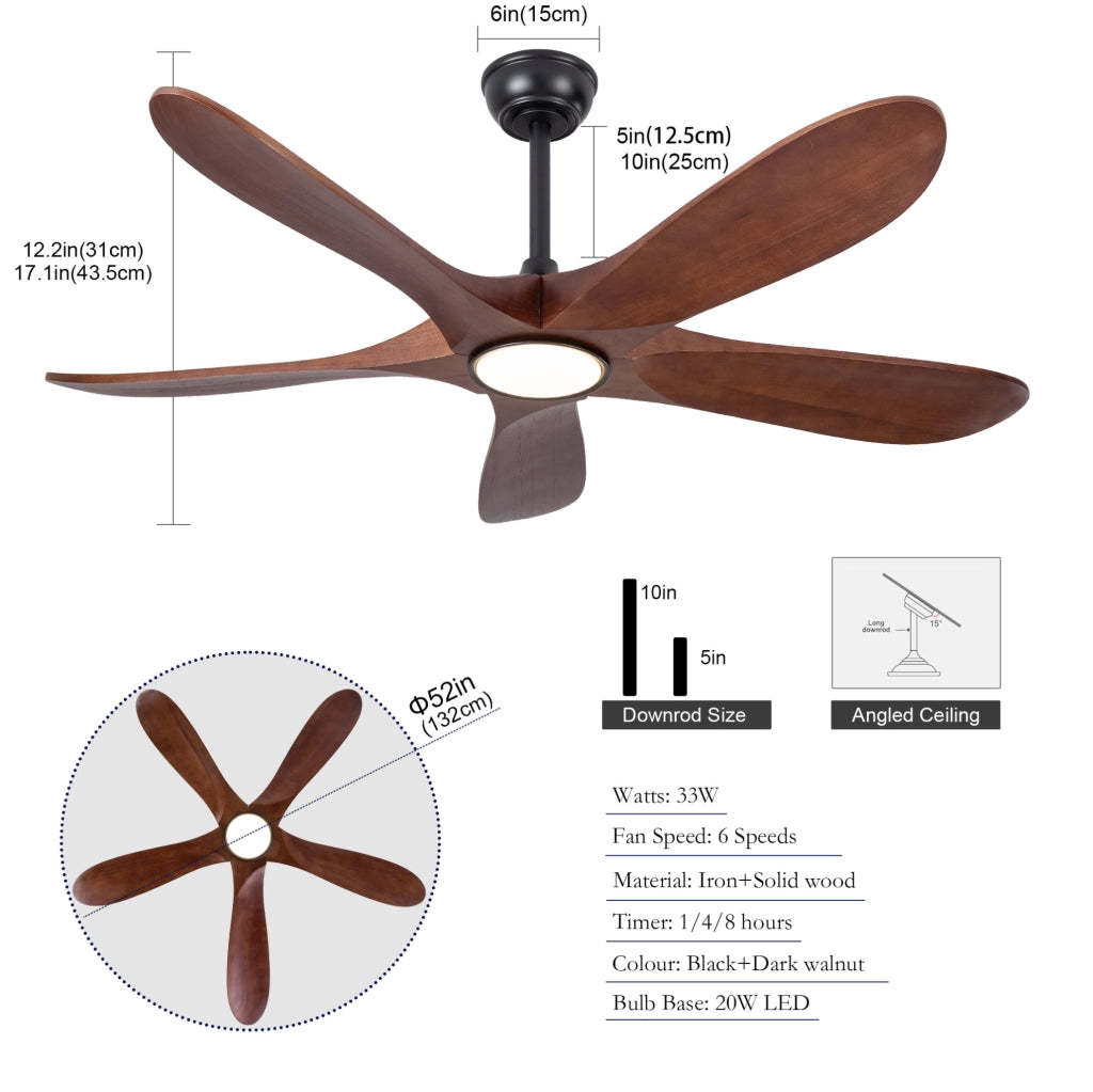 Ventilatore da soffitto con luce; 5 pale in legno massello; noce e nero