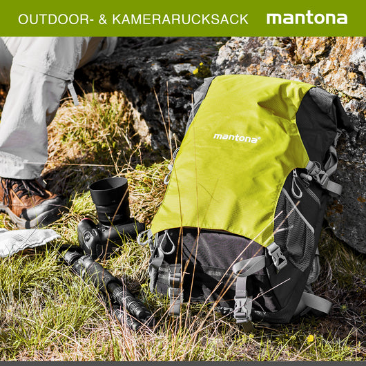 Zaino per fotocamera Mantona elementsPro 30 V2 - zaino per esterni con sistema di trasporto ergonomico, imbottitura traspirante, supporto per treppiede e copertura antipioggia, ideale per fotocamere DSLR e di sistema, verde