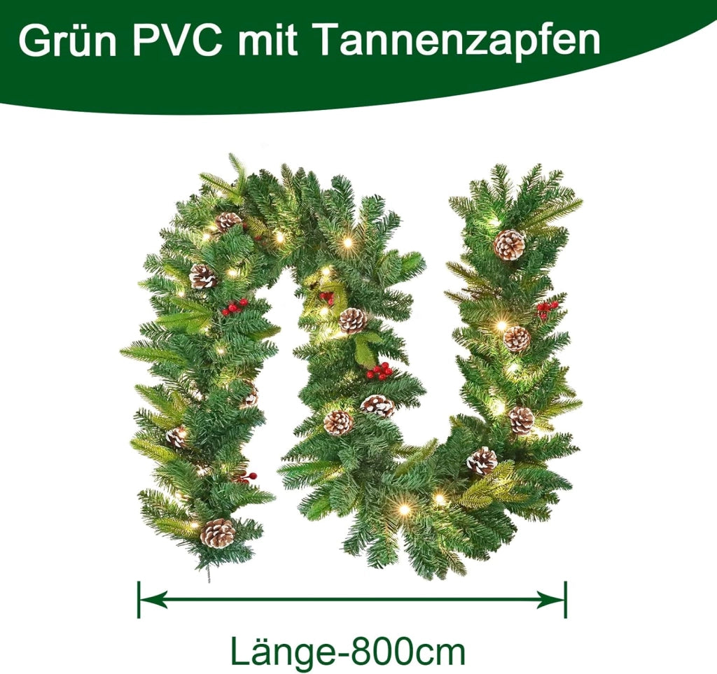 Ghirlanda natalizia con illuminazione, 800 cm, ghirlanda di abete, ghirlanda di Natale, spina di Natale, alimentazione con pigne rosse, decorazione natalizia per esterni