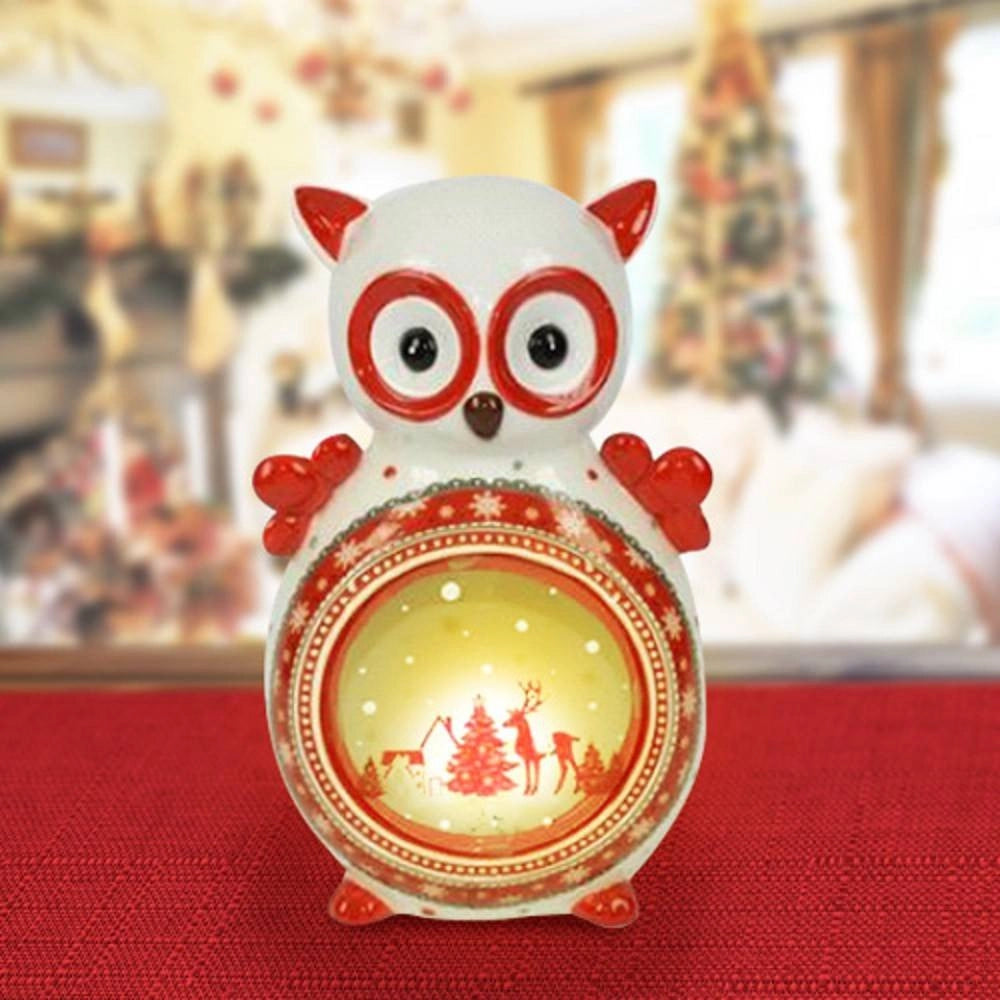 Trade Shop - Lanterna Ceramica Gufo Con Candela Elettrica 21 Cm Decorazioni Natalizie -
