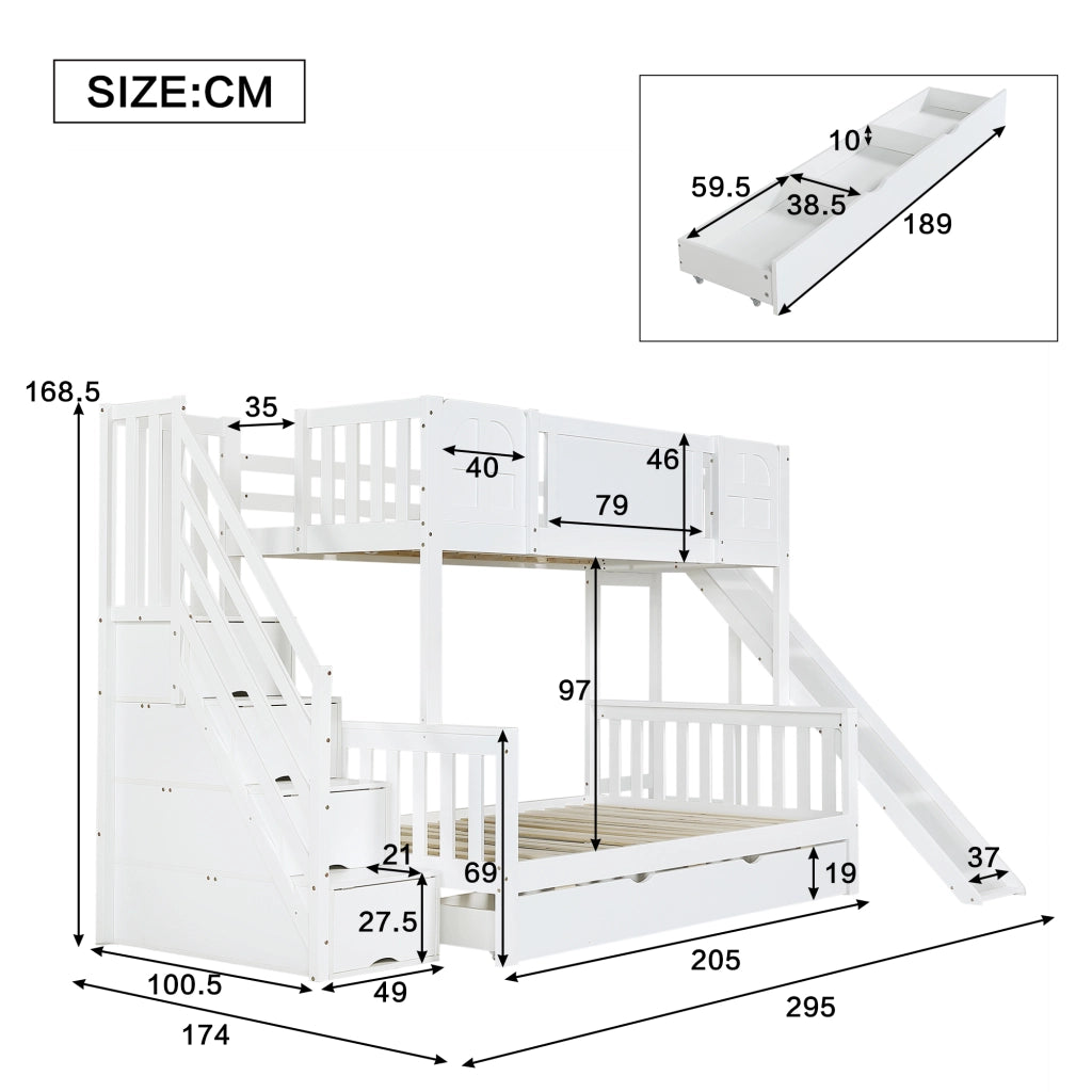 LETTO A CASTELLO con finestra, scivolo e scala contenitore 90x200 cm bianco