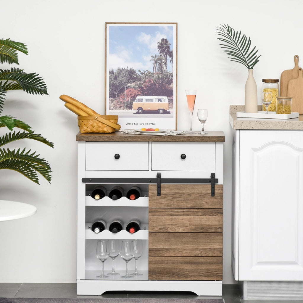 Mobile da Cucina Rustico con 2 Cassetti, Ripiani Aperti e Portabottiglie, in Legno e Metallo, 80x39x86 cm