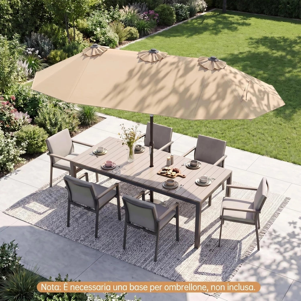 Ombrellone da Giardino Doppio 285 cm, in Tessuto con 12 Stecche Resistenti e Maniglia a Manovella Scorrevole, Anti-UV, senza Base, per Giardino e Piscina, 285 x 147 x 220 cm