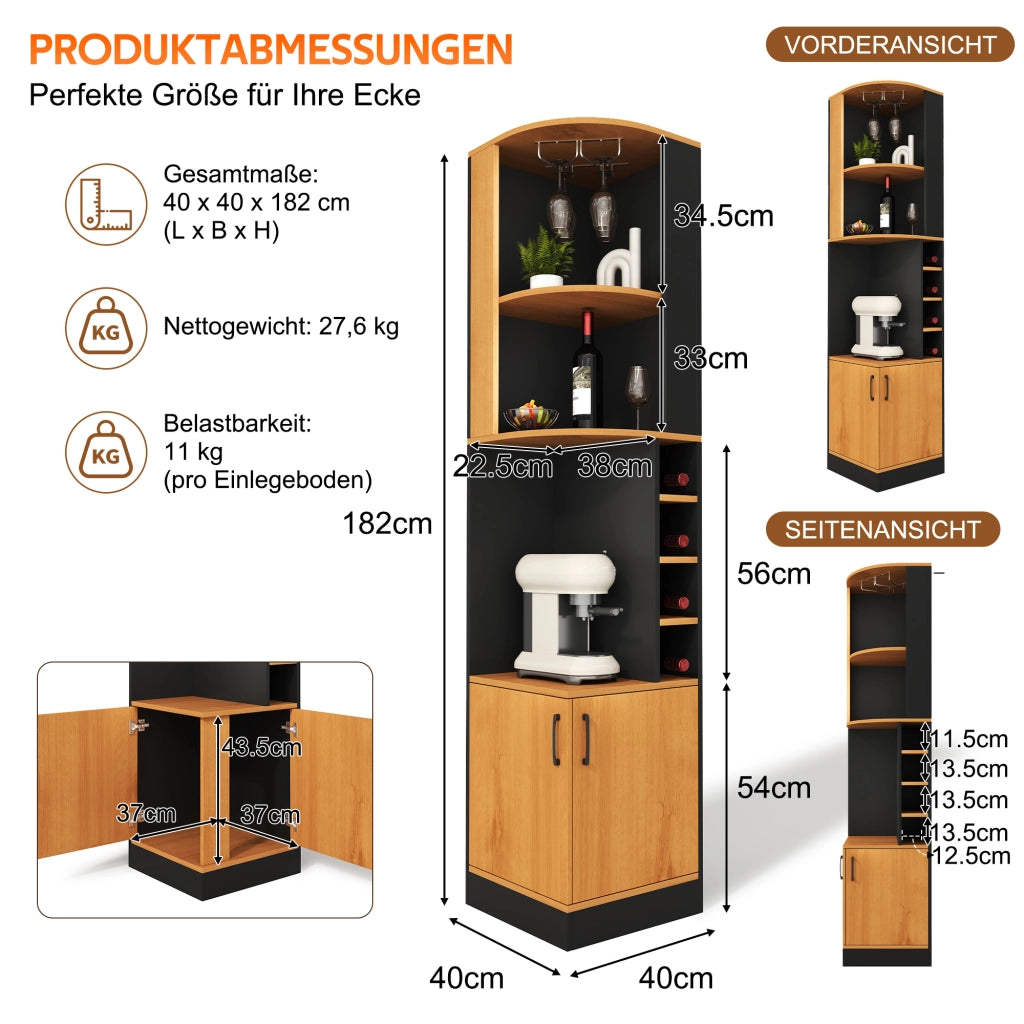 Mobile angolare con 4 vani e portascalici; per cucina; in MDF; 40×40×182 cm; nero