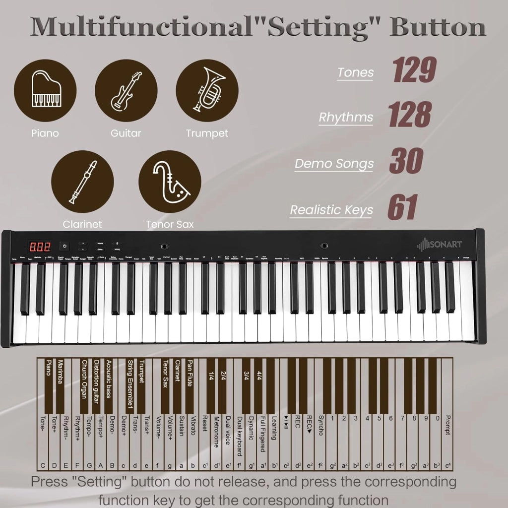 Pianoforte Digitale 61 Tasti Semi-Ponderati, Tastiera Musicale con Supporto e Sgabello, Digial Piano con Tasti Semi-Pesati, Funzione Audio MIDI Wireless, Leggio, Pedale di Sustain e Borsa