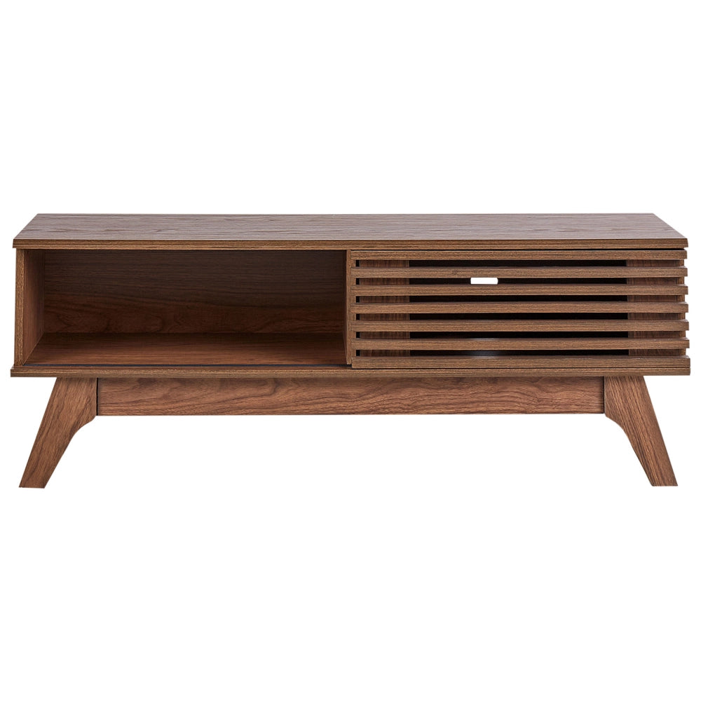 Mobile TV in legno scuro con vano portaoggetti anteriore a scorrimento stile moderno contemporaneo