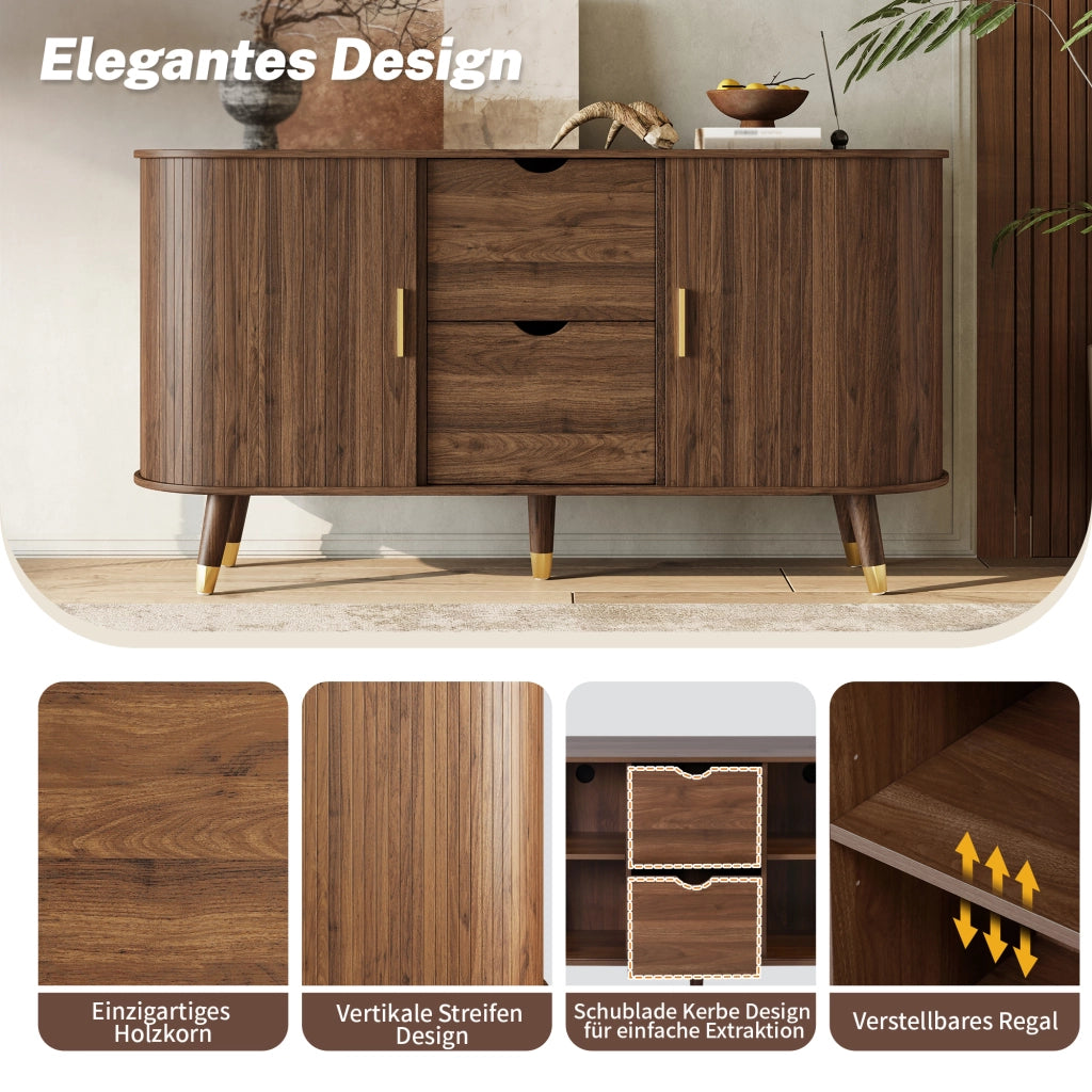 Credenza con venatura verticale, doppio cassetto e ripiani aperti in MDF effetto noce, 140 × 40 × 79,5 cm
