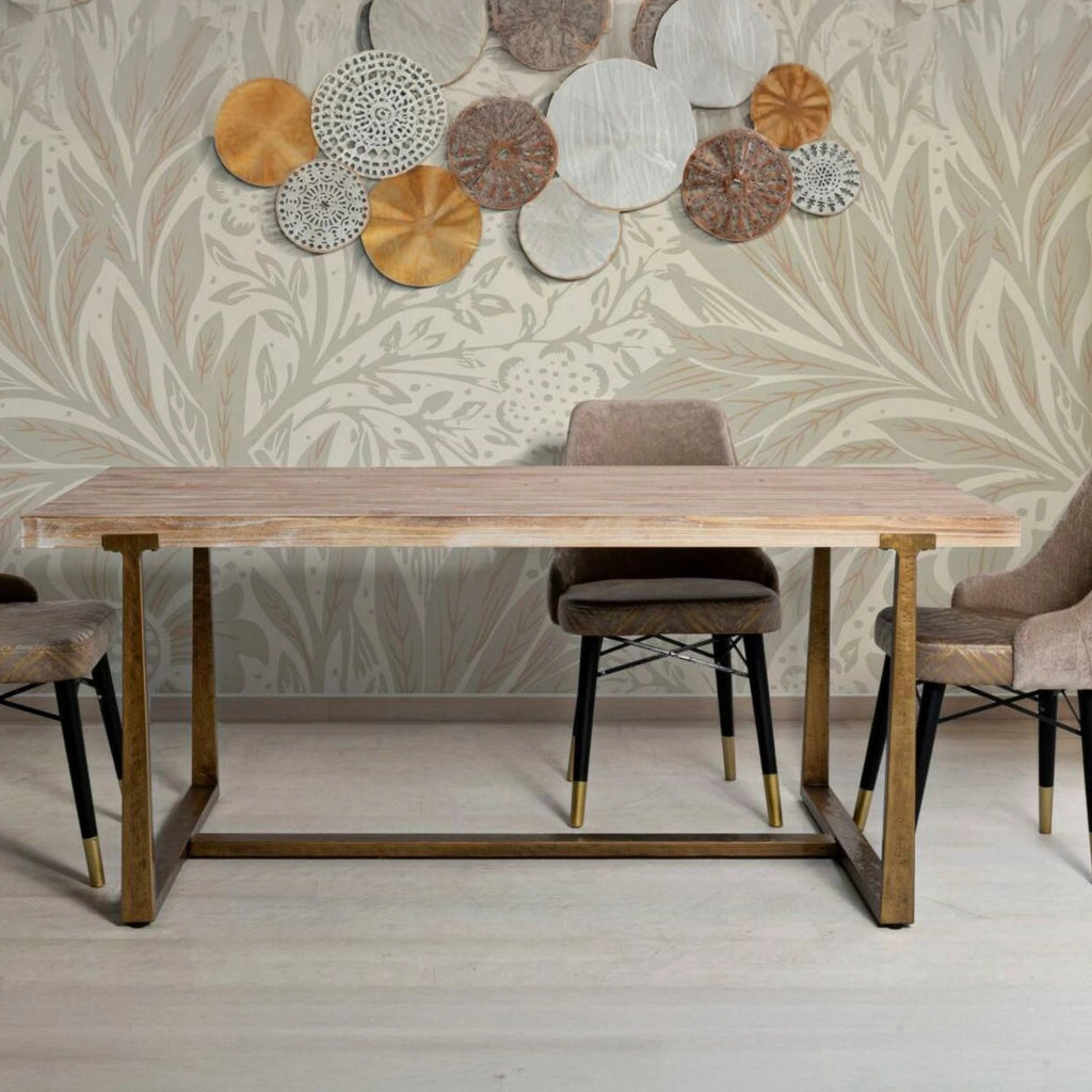 Tavolo fisso Kazimir, Ripiano da cucina, Consolle per sala da pranzo, Ripiano rettangolare fisso, Oro e Marrone, 180x90 h78 cm