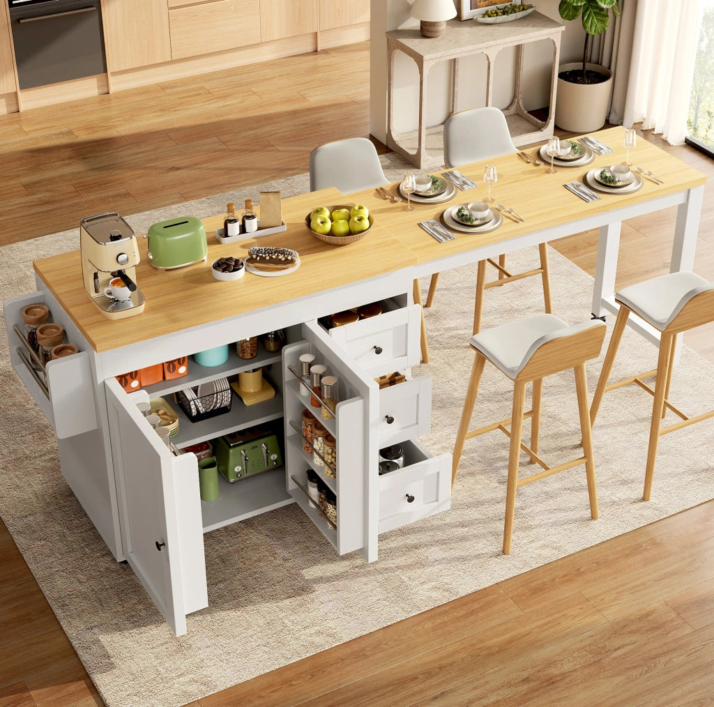 Isola cucina mobile estensibile con 3 cassetti, bianca