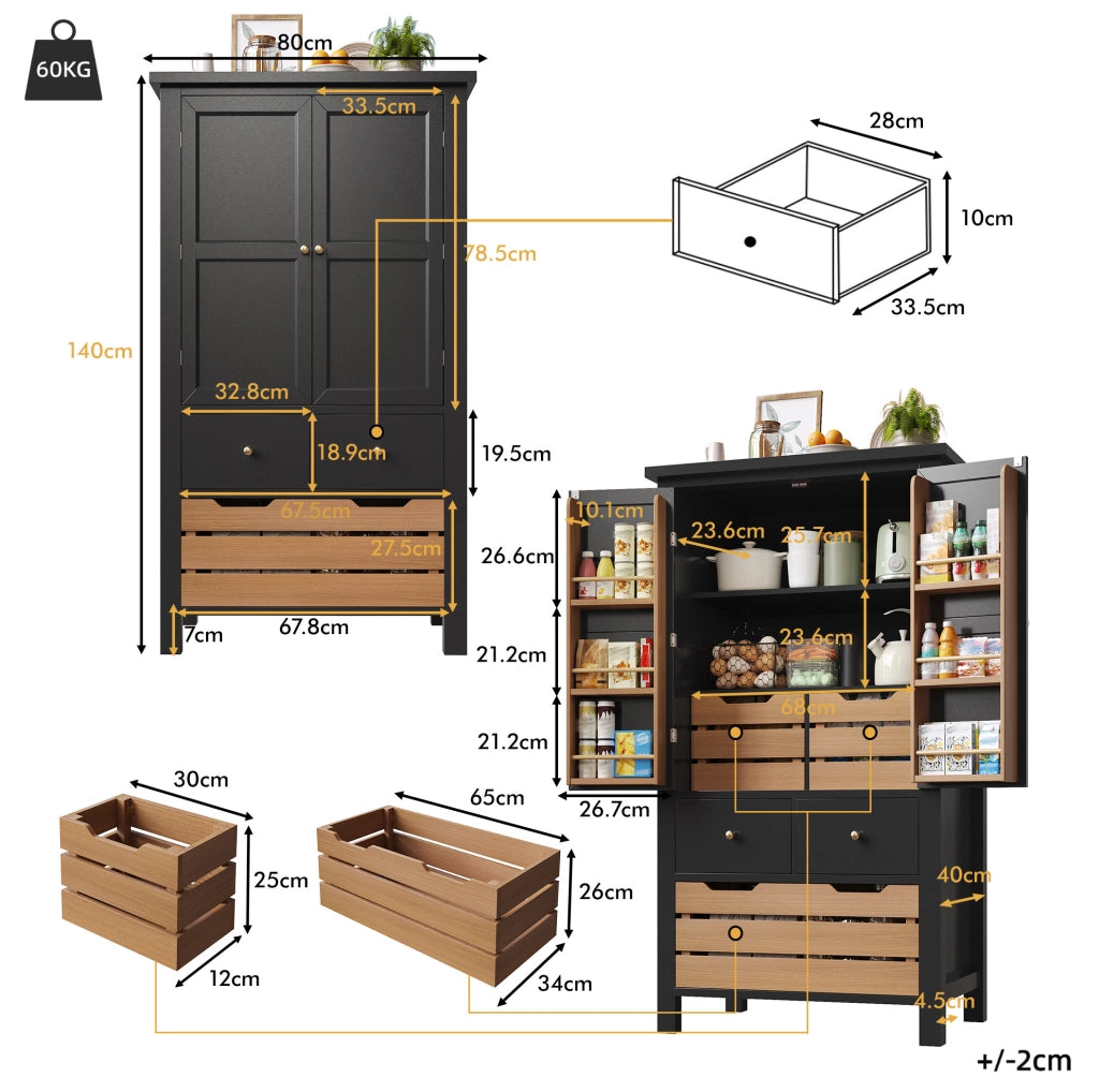 Credenza da cucina nera 80x40x140 cm con 5 cassetti