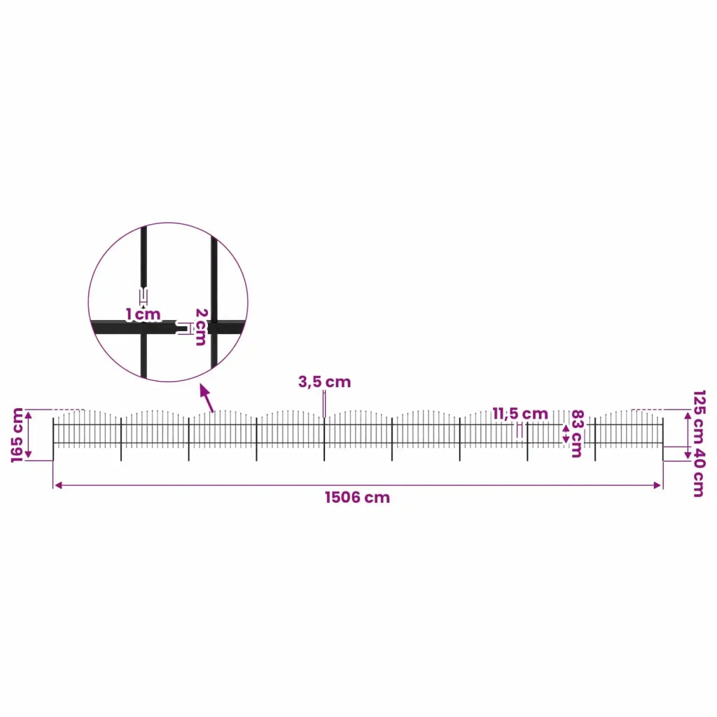 Recinzione da Giardino con Punta a Lancia in Acciaio 1506x125 cm Nero 277729