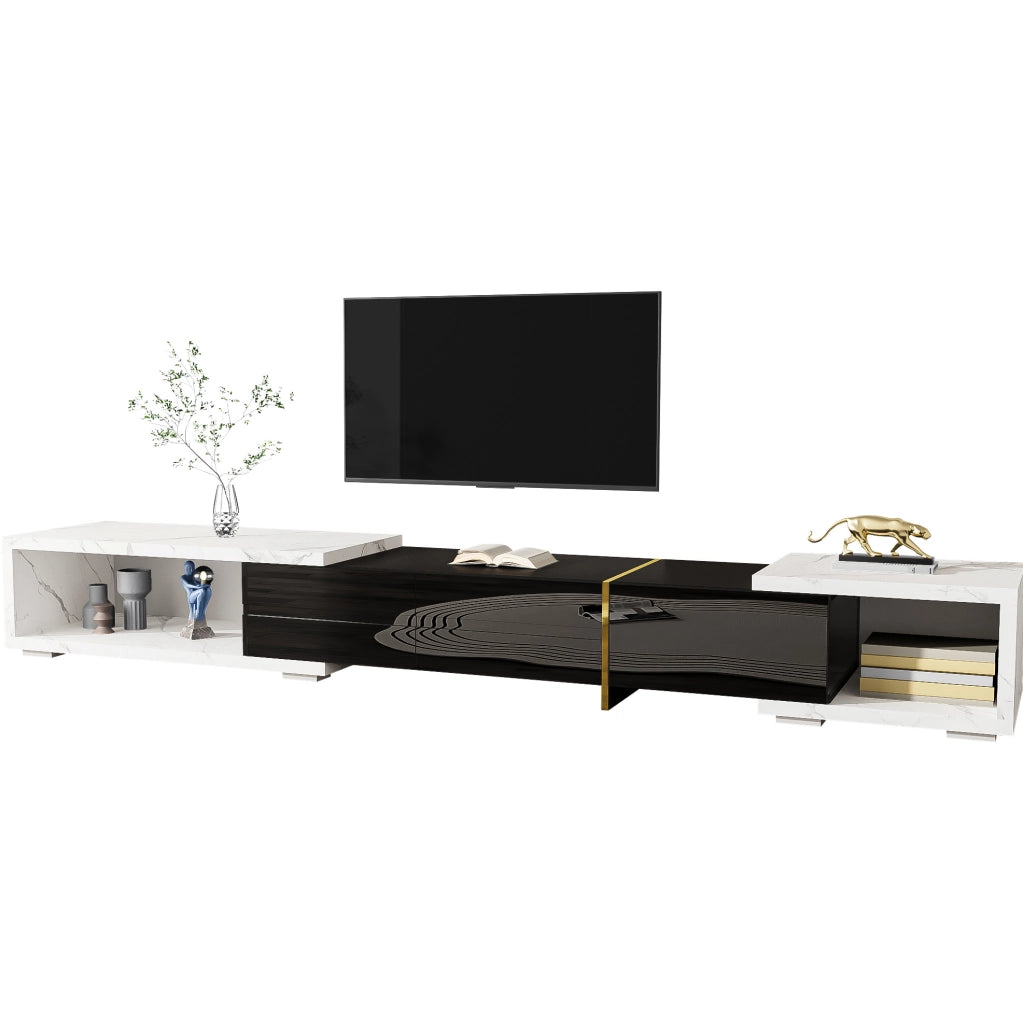 Mobile TV allungabile e girevole 140-260 cm; effetto marmo bianco e nero