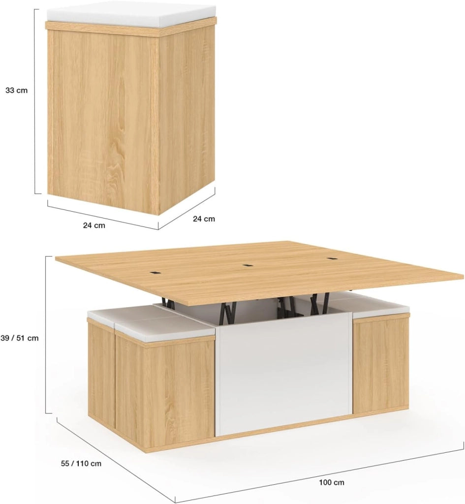 Tavolino rettangolare alzabile EDEN in legno e bianco con poggiapiedi