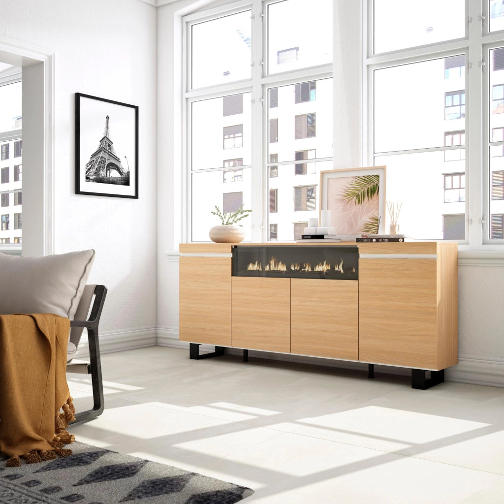 Credenza, Mobile, Cucina, 200x87x35cm, 4 Porte, Camino elettrico, Design industriale, Rovere soft e bianco