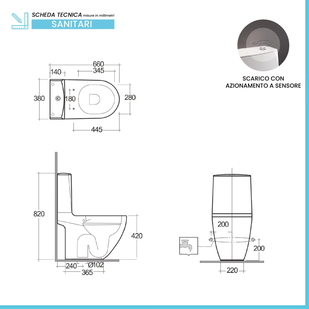Vaso monoblocco bianco tradizionale in ceramica scarico a pavimento e sensore Rak Des
