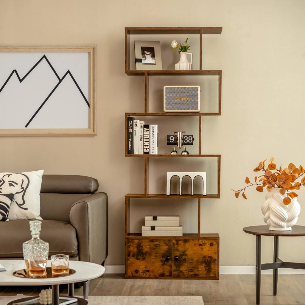 Libreria a forma di S a 5 livelli con ante-Scaffale decorativo in legno per il soggiorno l'ufficio Caff¨¨