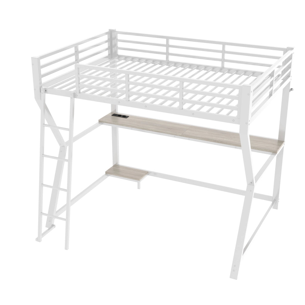 Letto a soppalco 90x200 cm con scrivania; LED; presa USB e scala; bianco