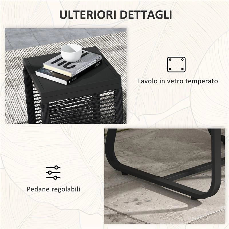 SET DA GIARDINO IN RATTAN CON 2 POLTRONCINE CON CUSCINI E TAVOLINO DA CAFFÈ IN VETRO, NERO