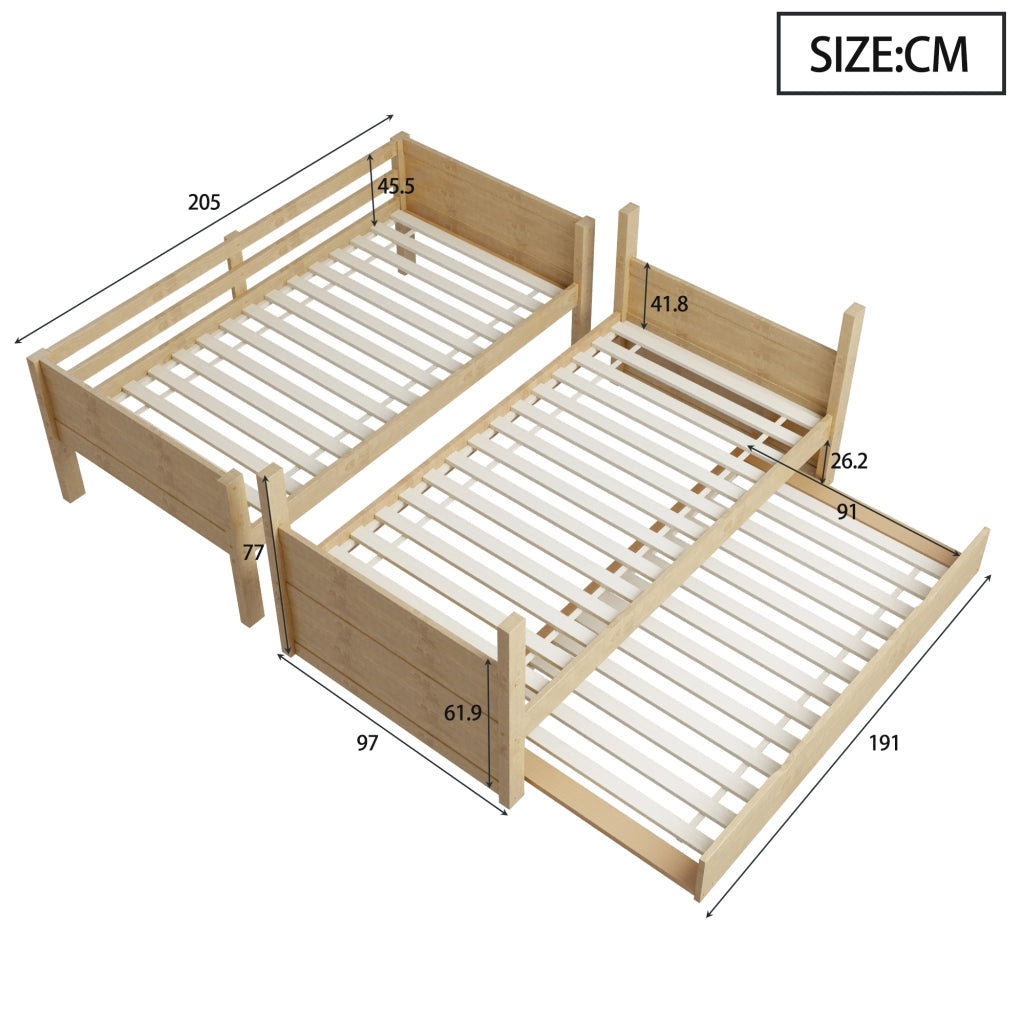 DESMIU Letto a castello 3 posti 90 × 200 cm con letto estraibile, senza materasso, in legno, colore legno