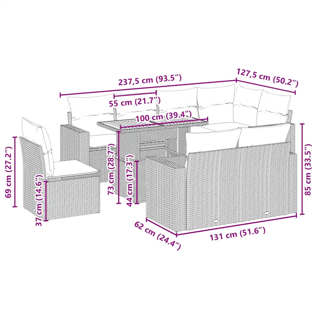 Set Divano da Giardino 9 pz con Cuscini Beige in Polyrattan 3271408