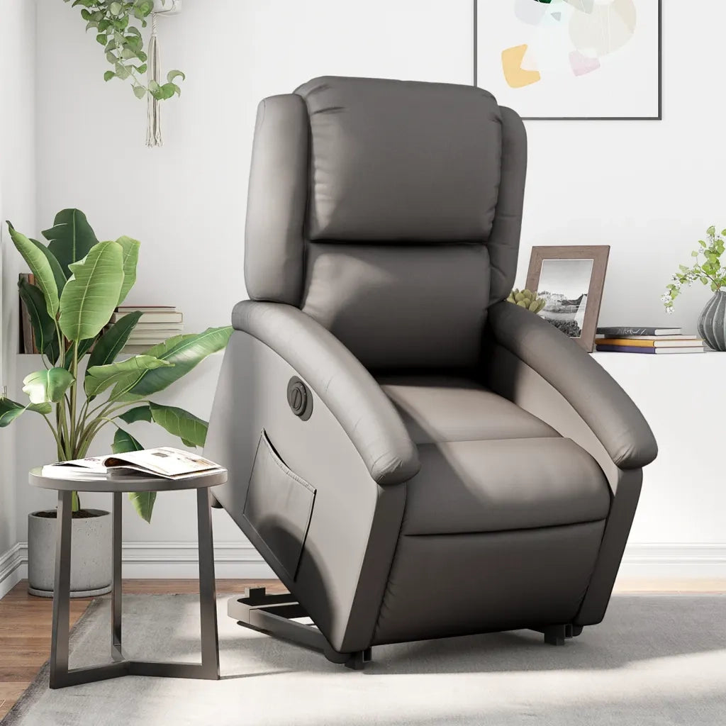 Poltrona Alzapersona Reclinabile Elettrica Grigia in Vera Pelle 3204273