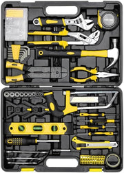 Set di attrezzi da 218 pezzi con martello, cacciavite, pinze e chiave a bussola, 40 cm x 28 cm, colore: nero/giallo