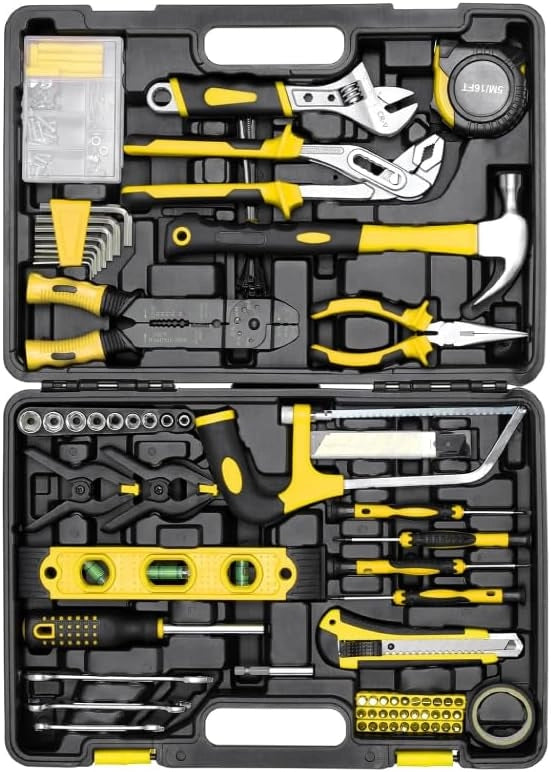 Set di attrezzi da 218 pezzi con martello, cacciavite, pinze e chiave a bussola, 40 cm x 28 cm, colore: nero/giallo