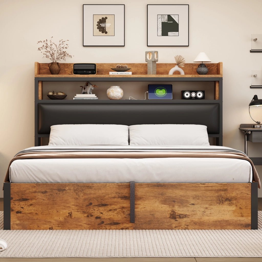 Letto 180x200 cm nero metallo e legno con vano contenitore e USB