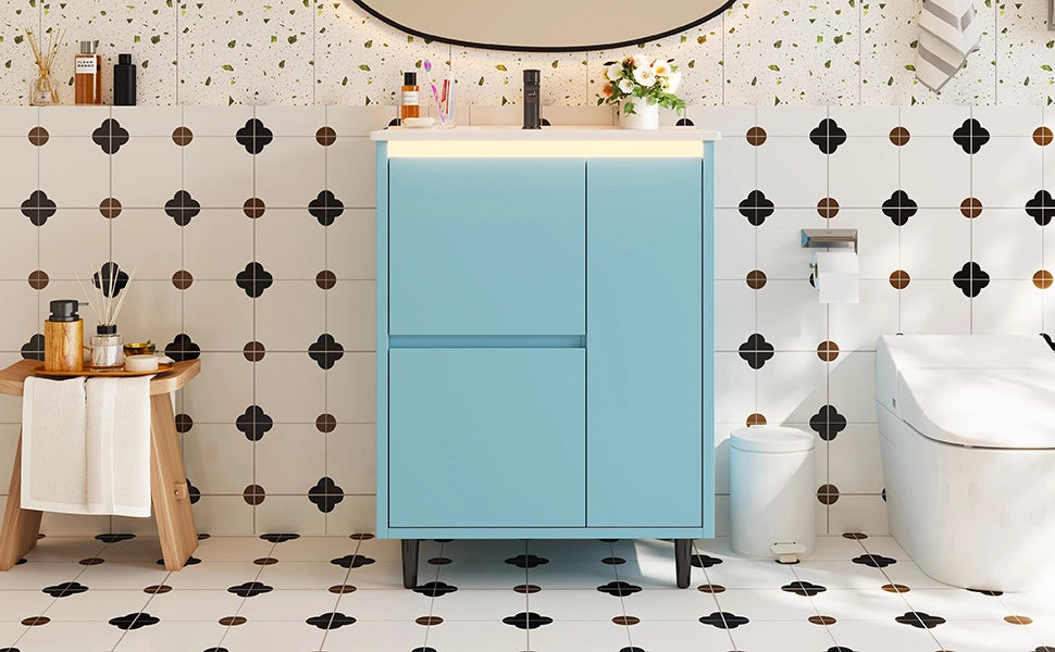 Mobile lavabo bagno freestanding blu 61 x 46,5 x 87 cm con lavandino in ceramica integrato, 2 cassetti e anta a chiusura rallentata