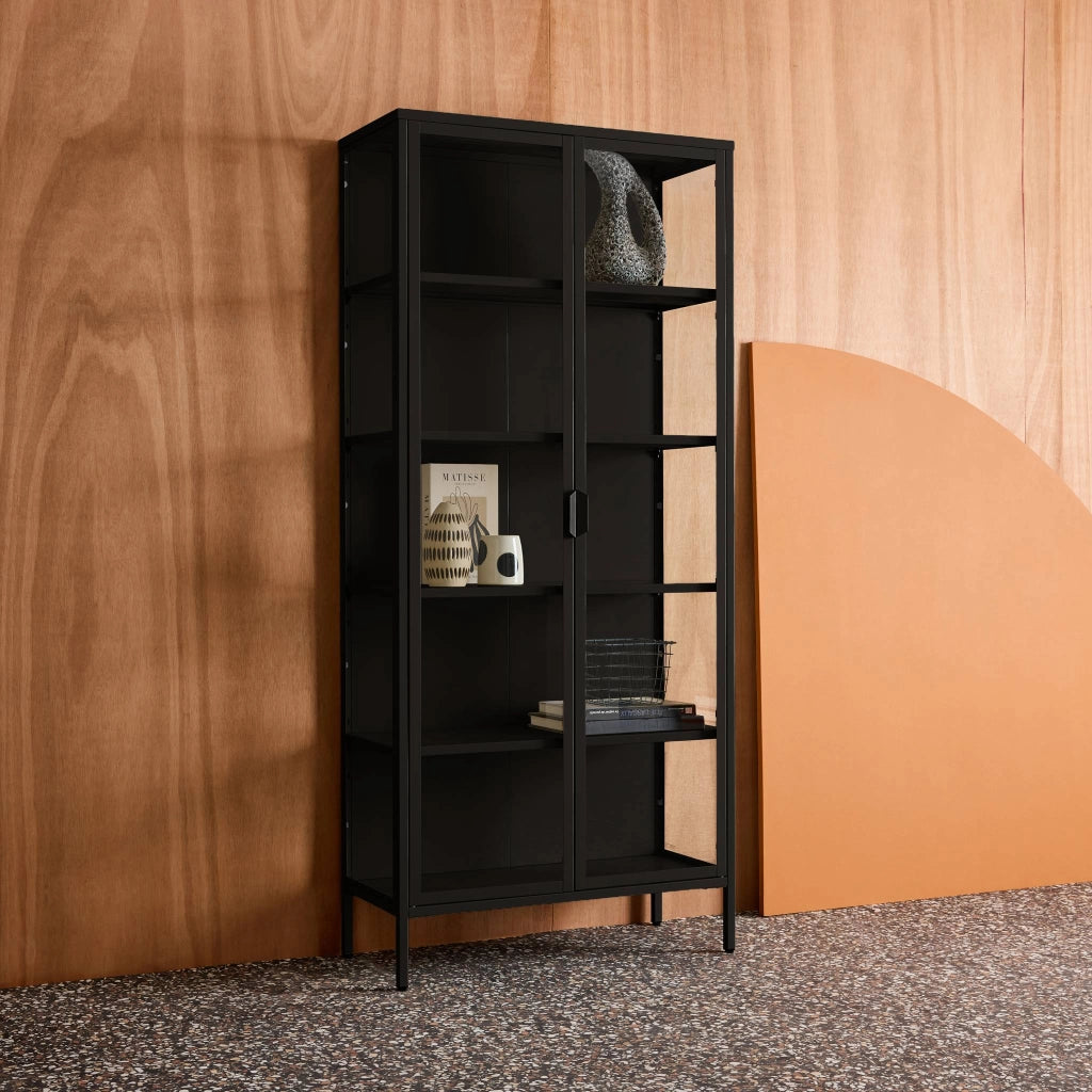 Credenza in acciaio e vetro temperato 2 porte, 180cm, nero