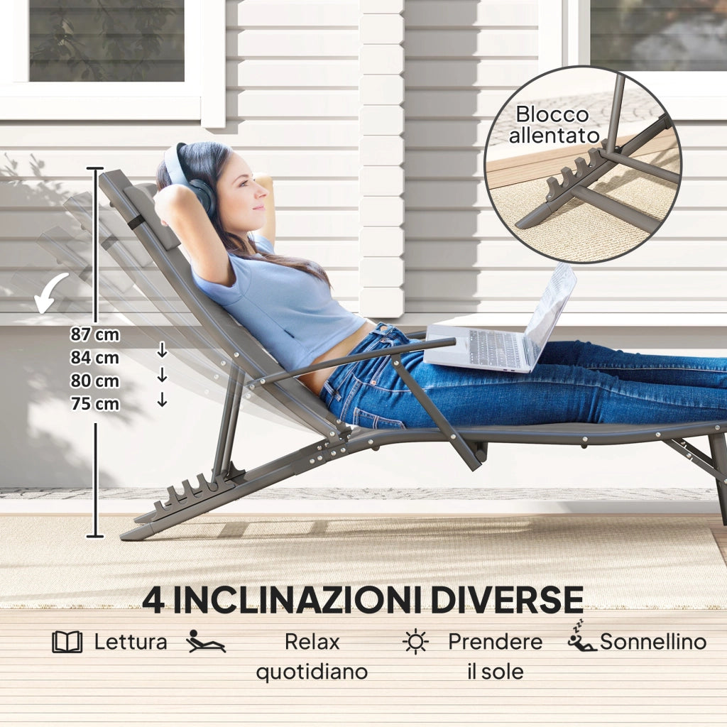 Set 2 Sdraio da Giardino Pieghevoli con Schienale Regolabile su 4 Livelli e Cuscino, Grigio