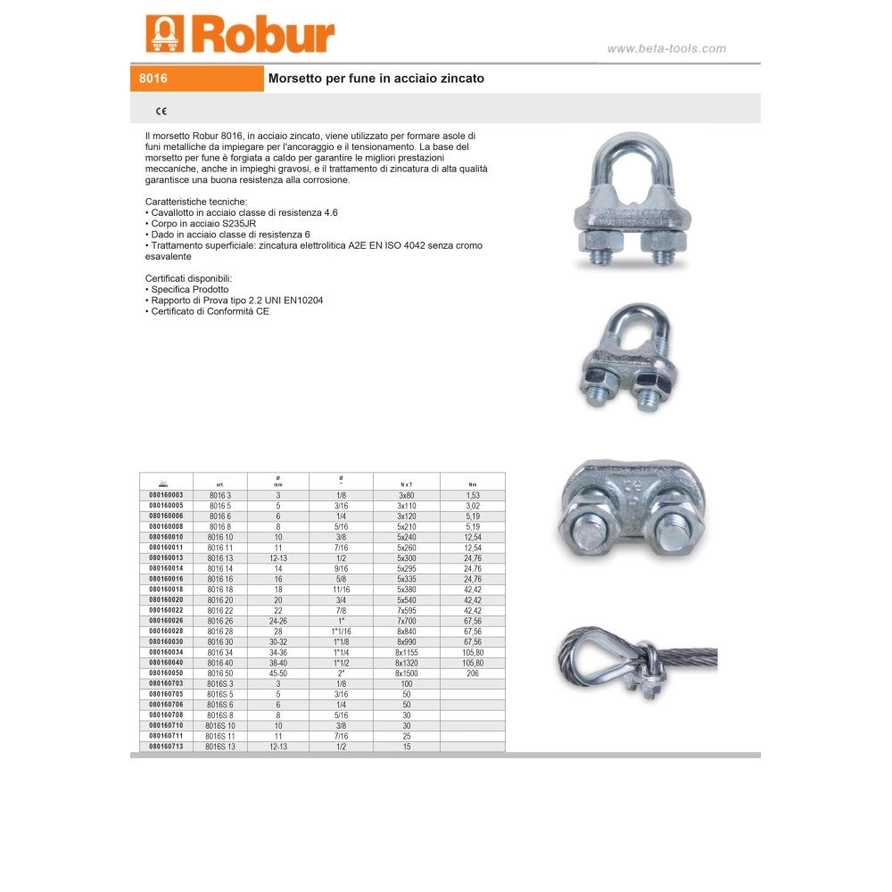 Robur morsetto zincato a cavallotto da 12-13mm per fune
