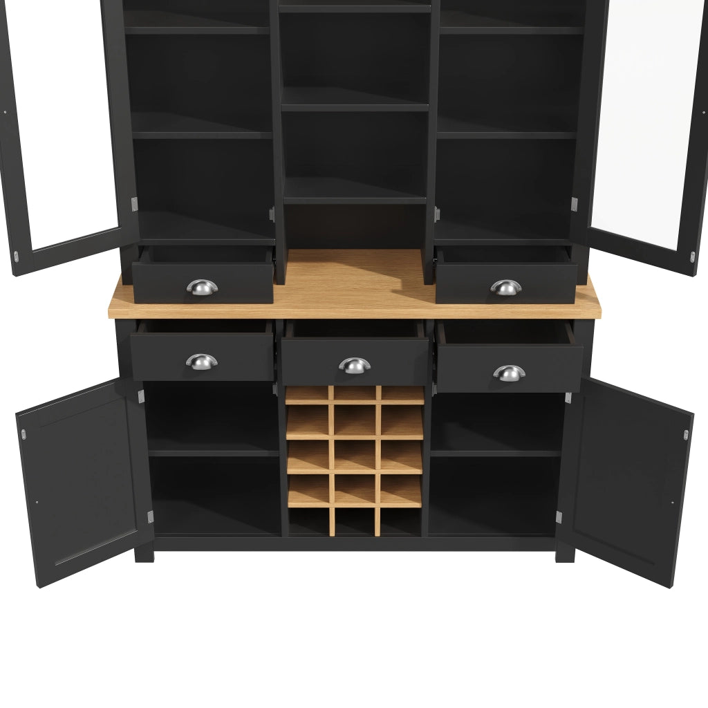 Credenza alta con vetrina 5 cassetti ripiano regolabile soft-close e portabottiglie estraibile per cucina e soggiorno