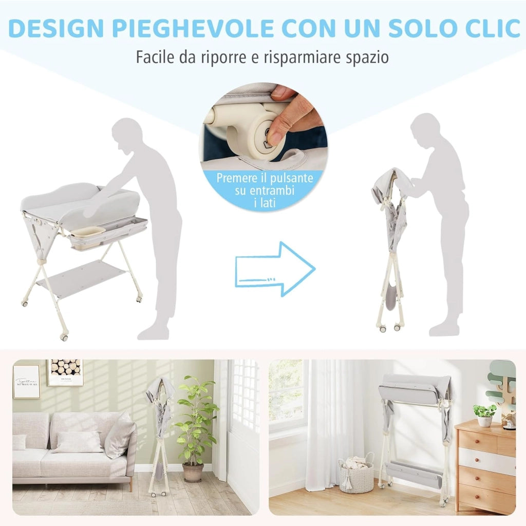 Fasciatoio Pieghevole Neonato, Fasciatoio Portatile con Altezza Regolabile a 3 Livelli, con Bacino, Cestino Portaoggetti e Cintura di Sicurezza, 4 Ruote Bloccabili, Portata 11 kg (Grigio)