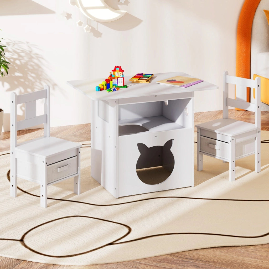 Tavolo per bambini set di 3 pezzi composto da tavolo e sedie, Tavolo per bambini arredamento in legno con casetta per gatti Bianco-Tavoli e sedie