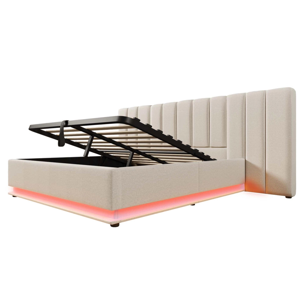 Letti contenitori 180x200 cm; LED e ricarica USB C; lino; beige (Senza materasso)