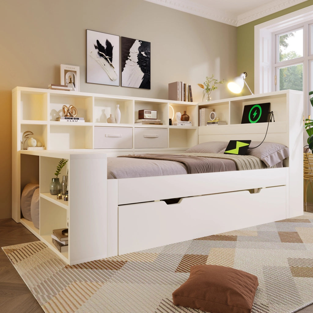 Letto singolo 90 × 200 cm con letto estraibile, ripiani su 3 lati, USB e Type-C, senza materasso, bianco