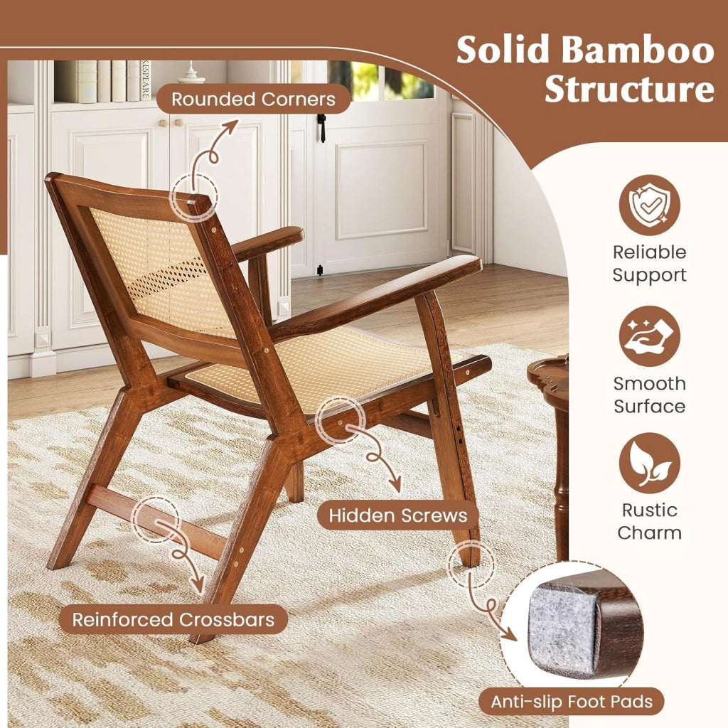 Poltrona per Soggiorno, Sedia da Relax in Bambù con Schienale Inclinato e Braccioli, Sedia in Rattan Intrecciato per Camera da Letto, Soggiorno e Balcone, Portata 150 kg