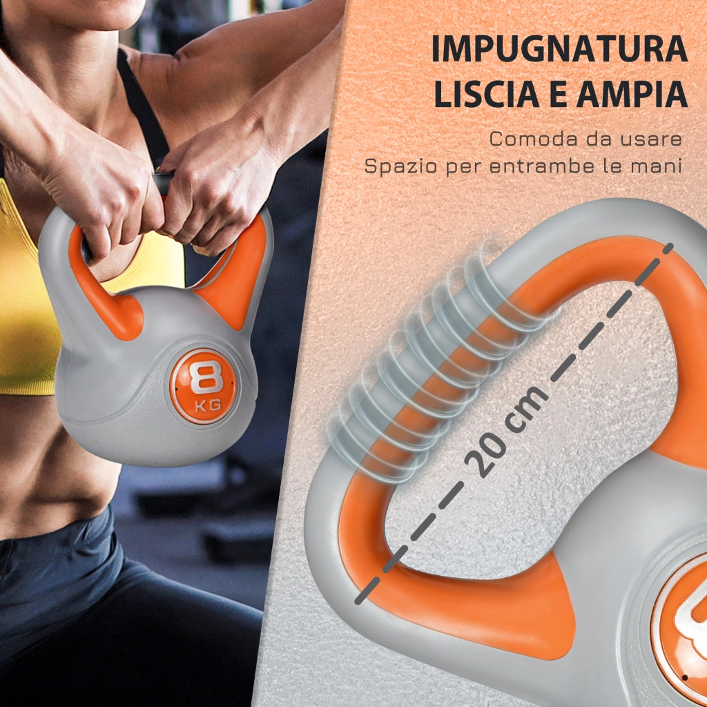 EasyComfort Kettlebell 8kg in PU e Sabbia con Base Piatta e Impugnatura per Stacchi, Squat e Sollevamenti, 20x14x24 cm, Arancione