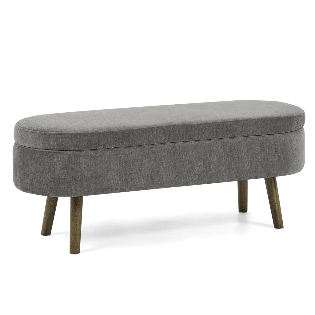 Panca contenitore in chenille grigio scuro con struttura in legno massello, 110x40x42 cm