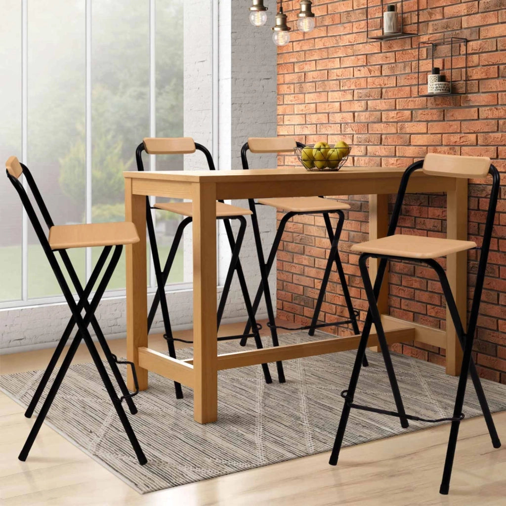 IDMarket - Set di 4 sgabelli da bar pieghevoli DETROIT con struttura nera e seduta effetto legno dal design industriale